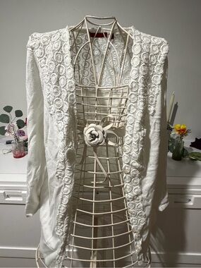 Red Cream Open-Front Crochet-Trim Cardigan by Red